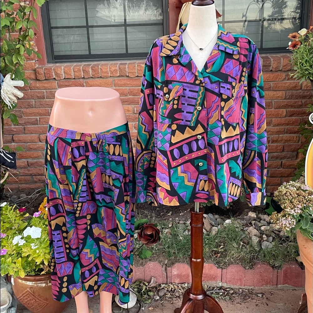 Lilli Ann Collections ~ Large~ USA Union Made  Purple/Black ~ Geometric ~ Dress - Picture 3 of 16